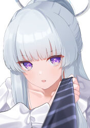  1girl absurdres blue_archive blush breasts collarbone commentary_request diagonal-striped_clothes diagonal-striped_necktie dress halo highres holding long_hair looking_at_viewer mechanical_halo necktie noa_(blue_archive) noa_(pajamas)_(blue_archive) open_mouth ozakinggg pajamas simple_background solo striped_clothes striped_necktie violet_eyes white_background white_dress white_hair white_halo white_pajamas 