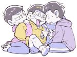  &lt;|&gt;_&lt;|&gt; 3boys :3 book brothers brown_hair fangs hono1212 hood hoodie indian_style male_focus matsuno_ichimatsu matsuno_juushimatsu matsuno_jyushimatsu matsuno_todomatsu messy_hair multiple_boys osomatsu-kun osomatsu-san restrained shorts siblings simple_background sitting slit_pupils socks straw_(stalk) wariza whiskers white_background 