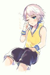  aged_down aqua_eyes black_pants child closed_eyes commentary_request cropped_legs grey_hair hand_on_own_cheek hand_on_own_face hand_on_own_leg high_collar highres invisible_chair kingdom_hearts kingdom_hearts_birth_by_sleep nanase_chiori pants riku_(kingdom_hearts) rubbing_eyes shirt short_hair sitting sleeveless sleeveless_shirt translation_request white_background wristband yellow_shirt 