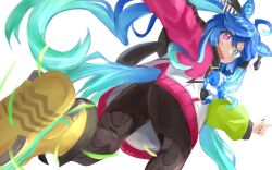  1girl @_@ ahoge animal_ears animal_hood ass black_nails blue_eyes blue_hair blush boots brown_leggings coat crossed_bangs drawstring from_behind heterochromia highres hood hooded_coat hoodie horse_ears horse_girl horse_tail leggings long_hair long_sleeves looking_at_viewer looking_back multicolored_coat multicolored_hair multicolored_hoodie open_mouth rabbit_hood sharp_teeth simple_background smile solo stuffed_animal stuffed_rabbit stuffed_toy tail teeth twin_turbo_(blast_mode!_turbo_engine)_(umamusume) twin_turbo_(umamusume) twintails umamusume violet_eyes white_background yellow_boots zenkinsen 