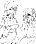  2girls bow bowtie crossed_arms hair_ribbon hand_to_own_mouth height_difference jeno kishin_sagume monochrome multiple_girls necktie ribbon rumia single_wing touhou wings 