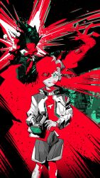  1boy abstract_background absurdres bandaid bandaid_on_knee bandaid_on_leg black_background blood blood_splatter camera character_request civilizedyapper commentary cowboy_shot cyberpunk:_edgerunners cyberpunk_(series) exploded_head explosion explosion_background eyeball eyebrow_cut green_eyes guro high_contrast highres holding holding_camera jacket long_sleeves looking_at_another looking_at_viewer parted_lips partially_colored partially_shaded_face popped_collar puffy_sleeves red_background red_shirt roman_carax shirt short_hair shorts side_part straight-on white_jacket wide-eyed 