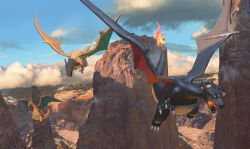  absurdres alternate_color artist_request blue_sky charizard claws clouds day dragon dragon_wings embers fangs fire flame-tipped_tail flying full_body glowing_mouth highres merchandise_available no_humans official_art open_mouth outdoors pokemon pokemon_(creature) pokemon_focus pokemon_tcg red_eyes second-party_source shiny_and_normal shiny_pokemon sky tail wings 