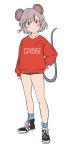  1girl alternate_costume animal_ears blush_stickers grey_hair long_sleeves looking_at_viewer mouse_ears mouse_tail nazrin red_eyes shirt short_hair short_shorts shorts tail tojo_(strit2p) touhou 