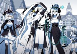  1boy 4girls ahoge aqua_eyes colored_skin demon_horns dogari fouco_(the_noexistencen_of_you_and_me) grey_eyes hat helmet highres horns knight lilith_(the_noexistencen_of_you_and_me) long_hair multiple_girls red_eyes sartre_(the_noexistencen_of_you_and_me) the_noexistencen_of_morphean_paradox:_the_forest_of_silver_shallots the_noexistencen_of_you_and_me two_side_up very_long_hair white_hair white_skin wizard_hat yellow_eyes 