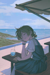  1girl absurdres arm_support blue_skirt brown_hair closed_eyes cup day drink drinking_glass drinking_straw envelope hand_on_own_cheek hand_on_own_face highres hyxifeng lake original outdoors parted_lips sailing_ship scenery shirt short_hair short_twintails sidelocks skirt smile solo suspender_skirt suspenders twintails watch watch white_shirt 
