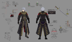  1boy aqua_eyes black_boots black_coat black_gloves black_jacket black_pants boots coat concept_art epaulettes facing_away facing_viewer final_fantasy final_fantasy_vii final_fantasy_vii:_ever_crisis full_body furrowed_brow gloves gold_trim grey_background grey_hair hair_between_eyes highres jacket katana male_focus military_uniform multiple_views official_alternate_costume official_art pants sephiroth sephiroth_(ever_crisis) sephiroth_(shinra_formal_uniform) short_hair solo standing sword weapon 