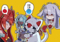  3girls :3 :d animal_costume animal_ears averting_eyes bikini blue_bikini blue_hair blunt_bangs blush_stickers braid cat_costume cat_ears cat_tail china_(ppfjvdjudk54073) china_dress chinese_clothes choker colored_extremities colored_eyelashes colored_inner_animal_ears commentary_request cowboy_shot dark_skin dragon_horns dress facial_mark facing_another film_grain flower from_side fur_trim hair_between_eyes hair_flower hair_ornament half-closed_eyes hand_on_helmet hands_up hime_cut horns japan_(ppfjvdjudk54073) katana kokkimusume long_hair looking_to_the_side midriff_peek multiple_girls multiple_views navel ne5fu3 neck_flower nervous_sweating ofuda ofuda_on_clothes open_mouth palau_(ppfjvdjudk54073) parted_bangs partially_shaded_face portrait presenting_another's_body rabbit_ears red_choker red_dress red_eyes red_hair ribbon see-through_clothes see-through_skirt sheath sheathed side_braid sidelocks skirt smile snout solid_circle_pupils speech_bubble stuffed_toy sweat swimsuit sword tail tail_raised translation_request trembling very_dark_skin weapon whisker_markings white_eyelashes white_hair white_wrist_cuffs wrist_cuffs yellow_background yellow_ribbon 
