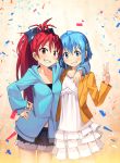  2girls arm_around_neck blue_eyes blue_hair blush bow casual confetti cutoffs denim denim_shorts dress flat_chest frilled_dress frills hair_bow hair_ornament hairclip hand_on_another&#039;s_hip hand_on_hip jacket long_hair mahou_shoujo_madoka_magica miki_sayaka multiple_girls open_clothes open_jacket ponytail red_eyes redame redhead sakura_kyouko short_hair shorts v 