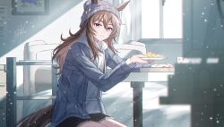  1girl animal_ears beanie bed black_shorts blush brown_hair closed_mouth commentary_request denim denim_jacket ears_through_headwear grey_hat hair_between_eyes hat highres holding holding_plate hood hoodie horse_ears horse_girl horse_tail hospital_bed indoors jacket long_hair long_sleeves mumumu_o08 nakayama_festa_(casual)_(umamusume) nakayama_festa_(umamusume) open_clothes open_jacket plate shirt shorts smile striped_clothes striped_headwear tail umamusume vertical-striped_clothes vertical-striped_headwear violet_eyes white_hoodie 