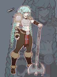  1girl aqua_hair arm_tattoo armor axe battle_axe blue_tattoo braid braided_sidelocks breasts facial_tattoo fur-trimmed_belt fur-trimmed_legwear fur_(clothing) fur_trim hatsune_miku highres holding holding_axe holding_weapon long_hair looking_at_viewer medium_breasts midriff midriff_tattoo mole norwegian_flag norwegian_miku shotwilly shoulder_armor sidelocks solo tattoo twin_braids twintails very_long_hair viking vocaloid warrior weapon 