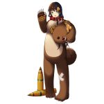  1girl animal_costume bear_costume blue_eyes collar full_body hair_ornament looking_at_viewer milihime_taisen official_art open_mouth smile solo tank_shell transparent_background waving wojtek 
