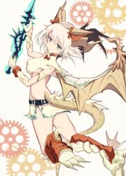  1girl absurdres backless_outfit belt black_belt blonde_hair blue_eyes breasts clawed_feet commentary_request dragon_girl dragon_wings gears gloves hair_ribbon highres holding holding_weapon horns koshian_(taiyaki) myr_(p&amp;d) orange_ribbon puzzle_&amp;_dragons ribbon short_hair sideboob solo tail weapon white_background wings wristband 