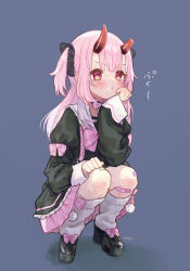  1girl :t artist_logo bandaid bandaid_on_leg black_dress black_shoes bow bow_legwear bowtie broken_horn center-flap_bangs clenched_hand closed_mouth commentary_request dress footwear_bow frilled_dress frilled_sailor_collar frills gradient_hair gradient_horns grey_background hair_ribbon hand_on_own_knee head_rest highres horns indie_virtual_youtuber jirai_kei kanehira_ame lace-trimmed_ribbon lace_ribbon lace_trim loafers logo long_hair looking_ahead loose_socks multicolored_hair multicolored_horns naname_(7name) official_artist_extra pink_bow pink_bowtie pink_hair platform_shoes pom_pom_(clothes) puffy_short_sleeves puffy_sleeves red_eyes red_horns ribbon sailor_collar shoes short_sleeves simple_background sitting sleeve_bow socks solo squatting v-shaped_eyebrows variant_set virtual_youtuber white_hair white_socks 