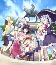  aqua_skirt black_hair blonde_hair blue_eyes blush breasts commentary_request dress else_shileska elze_silhoueska full_body green_eyes grey_hair hair_between_eyes hair_ornament hairband highres hildegard_minas_restia isekai_wa_smartphone_to_tomo_ni. kokonoe_yae layered_dress leen_(isekai_wa_smartphone_to_tomo_ni.) linse_shileska lolita_fashion long_hair looking_at_viewer lucia_rea_regulus multiple_girls necktie open_mouth original pink_hair princess sakura_(isekai_wa_smartphone_to_tomo_ni.) short_necktie skirt smile solo soucie_elnea_ortlinde standing usatsuka_eiji yumina_elnea_belfast 