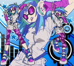  1girl arm_up belt blue-tinted_eyewear blue_background blue_hair bracelet breasts character_name fingerless_gloves full_body gloves grey_skirt grin headphones highres jacket jewelry jwnn long_hair looking_at_viewer multiple_views my_little_pony my_little_pony:_equestria_girls my_little_pony:_friendship_is_magic open_mouth pants pants_under_skirt pink-tinted_eyewear pink_pants polka_dot purple-tinted_eyewear purple_gloves purple_pants shoes short_sleeves skirt smile sneakers solo standing star_(symbol) sunglasses symbol-shaped_pupils teeth tinted_eyewear tongue tongue_out vinyl_scratch zipper zoom_layer 