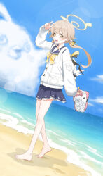  1girl :d animal_bag arm_at_side arm_up backpack bag bare_legs barefoot beach black_bow blonde_hair blue_archive blue_sailor_collar blue_skirt bow bowtie buttons cardigan clouds commentary_request day dutch_angle from_side full_body hair_bow hair_ornament halo heel_up hifumi_(blue_archive) highres higri424 holding holding_shoes holding_unworn_clothes horizon lens_flare long_hair long_sleeves looking_at_viewer looking_to_the_side low_twintails lower_teeth_only miniskirt multi-source_commentary ocean open_bag open_mouth outdoors peroro_(blue_archive) petticoat sailor_collar sand shading_eyes shoes sideways_glance sideways_mouth skirt smile sneakers solo standing teeth twintails unworn_shoes walking white_bag white_cardigan white_shoes wing_hair_ornament winged_halo yellow_bow yellow_bowtie yellow_eyes yellow_halo yellow_pupils 