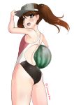  1girl 8000 :d arm_up ass back brown_eyes brown_hair competition_swimsuit fang flat_ass flat_chest food fruit hand_on_headwear hat holding kantai_collection long_hair looking_at_viewer looking_back one-piece_swimsuit open_mouth ryuujou_(kantai_collection) simple_background smile solo standing swimsuit twintails twitter_username visor_cap watermelon white_background 