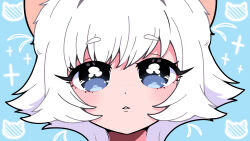  1girl absurdres animal_ears blue_background blue_eyes cat_ears commentary erigo highres kimi_no_koto_ga_dai_dai_dai_dai_daisuki_na_100-nin_no_kanojo light_blush looking_at_viewer nekonari_tama parody parted_lips portrait short_hair simple_background solo sparkle style_parody white_hair 