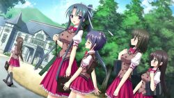  5girls bag black_hair black_socks blue_eyes blue_hair bow bowtie brown_hair brown_vest buttons double-breasted forest frilled_skirt frills from_behind from_side hair_bow hair_ornament hairclip kimishima_ao loafers long_hair looking_at_another looking_to_the_side miniskirt multiple_girls multiple_views nagaoka_chiyo nature non-web_source one_side_up outdoors ponytail puffy_sleeves red_bow red_bowtie red_skirt school school_bag shion_no_ketsuzoku shirt shoes short_hair short_sleeves skirt socks takamiya_sakie vest walking 