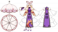  1girl a-pose blonde_hair bow closed_mouth dress frilled_dress frills from_behind full_body hair_bow hat hat_ribbon high_heels hirano_katsuyuki long_hair long_sleeves looking_at_viewer mob_cap multiple_hair_bows non-web_source official_art parasol pink_umbrella pointing_out_the_details purple_shoes purple_tabard red_bow red_ribbon ribbon shoes smile solo tabard touhou touhou_spell_carnival umbrella violet_eyes white_dress wide_sleeves yakumo_yukari yin_yang yin_yang_print 