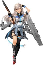 1girl asymmetrical_legwear belt_pouch black_gloves black_shirt black_skirt black_socks black_thighhighs blue_neckerchief blue_sailor_collar clothes_around_waist collared_shirt fingerless_gloves flight_deck full_body gloves grey_hair grey_jacket gun independence_(kancolle) jacket jacket_around_waist kantai_collection layered_shirt long_hair mismatched_legwear neckerchief official_art pencil_skirt pouch rifle sailor_collar shirt shizuma_yoshinori side_slit single_sock single_thighhigh skirt sleeveless sleeveless_shirt socks solo standing thigh-highs thigh_strap weapon weapon_request white_shirt 