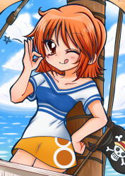  1girl 2000s_(style) blue_sky blush chu-chuns clouds cloudy_sky hand_on_own_hip highres jolly_roger looking_at_viewer nami_(one_piece) ocean ok_sign one_eye_closed one_piece orange_hair orange_skirt outdoors ship short_hair skirt sky solo straw_hat_pirates tongue tongue_out watercraft waves 