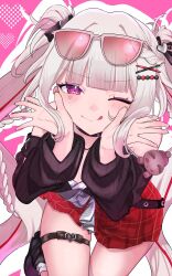  1girl :q ;q bare_shoulders blunt_bangs blush braid commentary_request cowboy_shot eyewear_on_head facial_mark from_above hair_ornament hands_up heart heart_facial_mark highres himeragiyu327 honkai:_star_rail honkai_(series) long_hair long_sleeves looking_at_viewer miniskirt multicolored_hair official_alternate_costume official_alternate_hairstyle one_eye_closed pink_eyes red_skirt red_streaks sidelocks skindentation skirt solo sparkle_(honkai:_star_rail) sparxie_(candy-coated_waves)_(honkai:_star_rail) sparxie_(honkai:_star_rail) standing standing_on_one_leg streaked_hair stuffed_animal stuffed_toy sunglasses teddy_bear thigh_strap tongue tongue_out twintails two_side_up very_long_hair white_hair x_hair_ornament 