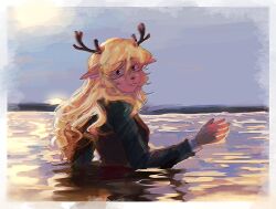  1girl absurdres black_shirt blonde_hair border brown_eyes commentary deltarune english_commentary highres long_sleeves looking_at_viewer nebbeli noelle_holiday partially_submerged shirt solo utdr_(toby_fox) white_border 