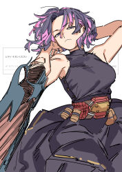  1girl absurdres arm_cannon belt boku_no_hero_academia dress haruyuki_(gffewuoutgblubh) highres lady_nagant leotard long_eyelashes multicolored_hair muscular muscular_female prosthetic_weapon purple_hair sleeveless sleeveless_turtleneck solo streaked_hair taut_clothes taut_dress taut_leotard turtleneck turtleneck_dress two-tone_hair utility_belt violet_eyes weapon 