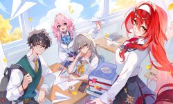  1boy 3girls absurdres alternate_costume backpack bag ball baseball_(object) black_skirt blazer blue_bow blue_bowtie blue_eyes book book_stack bow bowtie breasts brown_hair cellphone classroom closed_mouth collared_shirt commentary contrast_collar dan_heng_(honkai:_star_rail) day desk drawing_(object) earphones elbow_rest elf_exar english_commentary falling_petals graphia_academy_school_uniform green_eyes green_sweater_vest grey_hair hair_between_eyes hair_intakes hairband hand_on_own_cheek hand_on_own_face highres himeko_(honkai:_star_rail) himeko_(young)_(honkai:_star_rail) holding holding_book holding_paper_airplane holding_strap honkai:_star_rail honkai_(series) indoors jacket long_hair long_sleeves looking_at_viewer loose_bowtie march_7th_(honkai:_star_rail) medium_breasts multicolored_eyes multiple_girls necktie open_mouth paper_airplane pencil petals phone pink_eyes pink_hair red_bow red_bowtie red_hair school_desk school_uniform shirt short_hair sitting skirt sleeves_rolled_up smartphone smile standing stelle_(honkai:_star_rail) sweater_vest trailblazer_(honkai:_star_rail) two-tone_eyes unworn_eyewear very_long_hair white_hairband white_jacket white_shirt window yellow_bow yellow_bowtie yellow_eyes yellow_necktie 