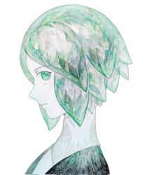  1other :| androgynous aqua_eyes aqua_hair black_jacket closed_mouth collared_shirt commentary_request expressionless from_side high_collar highres houseki_no_kuni jacket korukua looking_at_viewer looking_to_the_side medium_hair parted_bangs phosphophyllite shirt simple_background solo traditional_media upper_body white_background white_shirt 