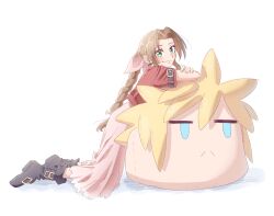  1girl aerith_gainsborough arm_belt bervens12 blue_eyes boots braid braided_ponytail brown_boots brown_hair character_pillow cloud_strife crossed_arms dress final_fantasy final_fantasy_vii final_fantasy_vii_remake frown full_body green_eyes hair_ribbon highres jacket long_dress long_hair looking_at_viewer parted_bangs pink_dress pink_ribbon red_jacket ribbon sidelocks single_braid smile white_background 