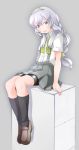  1girl arm_warmers bike_shorts braid comah dress_shirt grey_eyes hairband kantai_collection long_hair open_mouth pleated_skirt school_uniform shirt sidelocks silver_hair single_braid sitting skirt smile solo suspenders wavy_hair yamagumo_(kantai_collection) 