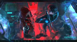  2boys batman_(series) black_bodysuit bodysuit commentary_request dc_comics domino_mask escrima_sticks eye_mask grey_bodysuit highres hood hooded_jacket jacket male_focus mask multicolored_bodysuit multiple_boys muscular muscular_male nightwing red_hood_(dc) red_mask superhero_costume taku_1881292884 taut_bodysuit taut_clothes two-tone_bodysuit 