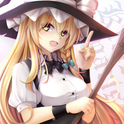  1girl black_bow blonde_hair bow broom fang hat highres holding holding_broom kirisame_marisa long_hair looking_at_viewer marisa_day open_mouth seiya_(iiseven) shirt solo touhou upper_body white_shirt witch_hat yellow_eyes 