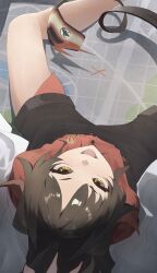  1girl absurdres ahoge armband black_shorts blue_archive brown_hair brown_horns brown_tail coat coat_partially_removed commentary_request demon_girl demon_horns demon_tail feet_out_of_frame from_above gehenna_academy_logo gradient_horns gradient_tail hair_intakes halo highres holding holding_with_tail horns kasumi_(blue_archive) lab_coat long_hair looking_at_viewer looking_up map multicolored_horns on_floor open_mouth prehensile_tail red_horns red_shirt red_tail shirt shirt_tucked_in shorts sitting smile solo tail unworn_armband upturned_eyes white_coat yellow_eyes yukidaruma_(yukidaru2015) 