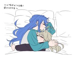  2girls bed_sheet blue_hair closed_eyes enurouta_0910 face_in_pillow highres howa_kurea hug long_hair long_sleeves lying meitantei_precure! moria_luluka multiple_girls on_bed on_side pillow precure shirt sleeping yuri 