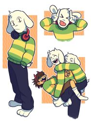  >_< 1other 2boys asriel_dreemurr broken_tooth brown_hair carrying closed_eyes deltarune english_commentary fake_horns fangs floppy_ears furry furry_male goat_boy goat_horns green_sweater highres horns horns_pose hug kris_(deltarune) misstercoffee multiple_boys multiple_views open_mouth piggyback siblings smile sweater togore_dreemurr tongue utdr_(toby_fox) white_fur 