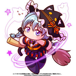  1girl absurdres animal_ear_headwear animal_ears artist_request belt black_bow black_bowtie black_hat black_skirt black_tail blue_eyes blue_hair bow bowtie braid broom cat_ears commentary_request copyright_notice fake_animal_ears hair_bow hat highres holding holding_broom jikkyou_powerful_pro_yakyuu jikkyou_powerful_pro_yakyuu_(style) jikkyou_powerful_soccer kazanin_eru long_hair looking_at_viewer low_twin_braids no_mouth official_art orange_belt purple_shoes rayman_limbs shirt shoes skirt sleeveless sleeveless_shirt solo star_(symbol) translation_request twin_braids white_shirt witch_hat wristband 