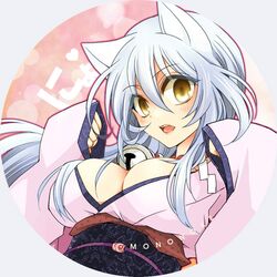  1girl animal_ears bell blush breasts cleavage fox_ears genderswap gugure!_kokkuri-san japanese_clothes kimono kokkuri-san_(gugukoku) long_hair looking_at_viewer obi open_mouth sash silver_hair solo sptbird upper_body 