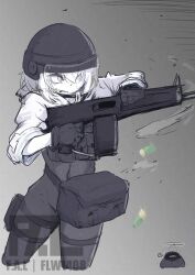  1girl aa-12 ammunition belt_pouch black_gloves c-clamp combat_helmet commentary_request f.a.l face_shield firing gloves grey_eyes gun helmet highres hood hoodie original pouch shell_casing shotgun shotgun_shell thigh_pouch weapon white_hair white_hoodie 