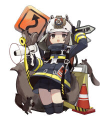  1girl animal_ear_helmet animal_ears animal_helmet arknights arm_up black_gloves black_jacket black_shorts black_thighhighs brown_eyes brown_hair caution_tape commentary_request cropped_legs firefighter firefighter_helmet firefighter_jacket gloves helmet holding jacket jacknavy large_tail long_sleeves looking_at_viewer open_mouth road_sign shaw_(arknights) short_hair short_shorts shorts sign simple_background solo squirrel squirrel_ears squirrel_girl squirrel_tail tail teeth thigh-highs traffic_cone upper_teeth_only warning_sign white_background white_helmet 