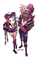  1boy 1girl ahoge arcane:_league_of_legends arcane_jinx asymmetrical_legwear bandaid bandaid_on_face bandaid_on_leg bandaid_on_nose black_gloves blue_eyes blue_hair braid closed_mouth crossed_arms crossed_bandaids dark-skinned_male dark_skin dreadlocks earrings ekko_(league) fingerless_gloves firelight_ekko from_above gloves hair_ornament hairband highres jewelry jinx_(league) league_of_legends leaning_forward looking_at_viewer multicolored_hair multiple_braids pants pants_rolled_up parted_lips pink_eyes pink_hair ponytail single_braid smile star_(symbol) star_hair_ornament striped_clothes striped_hairband twin_braids twitter_username white_background white_hair wise_fully 