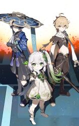  1girl 2boys absurdres aether_(genshin_impact) ahoge anemo_symbol_(genshin_impact) aqua_gem arm_armor baggy_pants bare_shoulders belt black_belt black_boots black_bow black_bridal_gauntlets black_hakama black_sandals black_shorts black_socks black_tank_top blonde_hair blue_cape blue_hat blunt_ends boots bow bracelet braid bridal_gauntlets brown_belt brown_pants brown_shirt cape closed_mouth covered_collarbone cross-shaped_pupils crossed_arms detached_sleeves dress full_body gem genshin_impact gold_bracelet gold_necklace gold_ring gold_trim gradient_hair green_eyes green_hair green_sleeves hair_between_eyes hair_ornament hair_ribbon hair_tubes hakama hakama_shorts hand_up hat heart heart_hair_ornament height_difference highres holding holding_sword holding_weapon japanese_clothes jewelry jingasa leaf_hair_ornament leg_warmers long_hair looking_at_viewer low-braided_long_hair low-tied_long_hair mandarin_collar midriff multicolored_hair multiple_boys nahida_(genshin_impact) navel necklace open-toe_boots open_clothes open_shirt pants parted_bangs pointy_ears purple_hair ribbon sandals scaramouche_(genshin_impact) scarf shadow shirt short_hair short_sleeves shorts side_ponytail sidelocks silver_sword_(genshin_impact) single_braid single_hair_tube sleeveless sleeveless_dress smile socks standing star_(symbol) sword symbol-shaped_pupils tank_top tassel two-tone_hair violet_eyes vision_(genshin_impact) wanderer_(genshin_impact) weapon white_boots white_dress white_hair white_leg_warmers white_ribbon white_scarf white_shirt yellow_eyes zeroartwo 