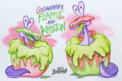  animal_focus apple appletun artist_name commentary dated dynamax english_commentary flapple food fruit full_body gigantamax gigantamax_flapple/appletun highres limited_palette no_humans nostrils open_mouth pokedex_number pokemon pokemon_(creature) pokemon_focus tongue traditional_media white_background zerokirbyarts 