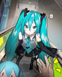  1girl aqua_eyes aqua_hair aqua_nails aqua_necktie bare_shoulders black_skirt black_sleeves breasts character_name collarbone collared_shirt commentary_request contrast_collar detached_sleeves fingernails grey_shirt hair_between_eyes hair_ornament hatsune_miku hatsune_miku_(vocaloid6) heart heart_hair_ornament long_hair long_sleeves looking_at_viewer naaga_sonomono nail_polish necktie open_mouth pov pov_hands shirt skirt sleeveless sleeveless_shirt small_breasts smile twintails very_long_hair vocaloid wide_sleeves zipper_footwear 