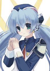  1girl 2000s_(style) blue_dress blue_hair blue_hat dress green_eyes hair_between_eyes hair_ribbon hands_up hat highres hoshino_yumemi interlocked_fingers long_hair long_ribbon long_sleeves looking_at_viewer low_twintails necktie nemu_(zutto_oyasu3) own_hands_together planetarian red_necktie ribbon robot_ears sidelocks simple_background solo twintails upper_body very_long_hair white_background yellow_ribbon 