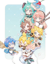  >_< +_+ 2boys 4girls aqua_eyes aqua_hair blonde_hair blue_eyes breasts brown_hair chibi chibi_only commentary cum cum_on_body cum_on_breasts detached_sleeves food hatsune_miku heart heart-shaped_pupils highres kagamine_len kagamine_rin kaito kaito_(vocaloid) megurine_luka meiko meiko_(vocaloid) multiple_boys multiple_girls niwako oversized_food oversized_object oversized_spoon parfait pink_hair siblings symbol-shaped_pupils twins twintails untranslatable_commentary vocaloid 