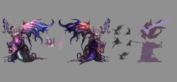  breasts concept_art creature fighting_stance final_fantasy final_fantasy_vii final_fantasy_vii:_ever_crisis grey_background hair_over_eyes highres jenova long_hair medium_breasts monster monster_focus multiple_views official_art open_mouth sketch solo tentacles wings 